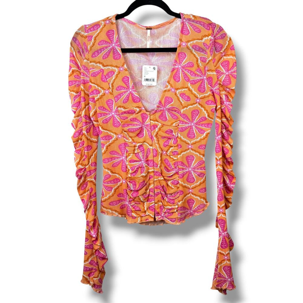 NEW Free People Through The Meadow Grapefruit Seltzer Orange Ruched Retro Top - Picture 8 of 13